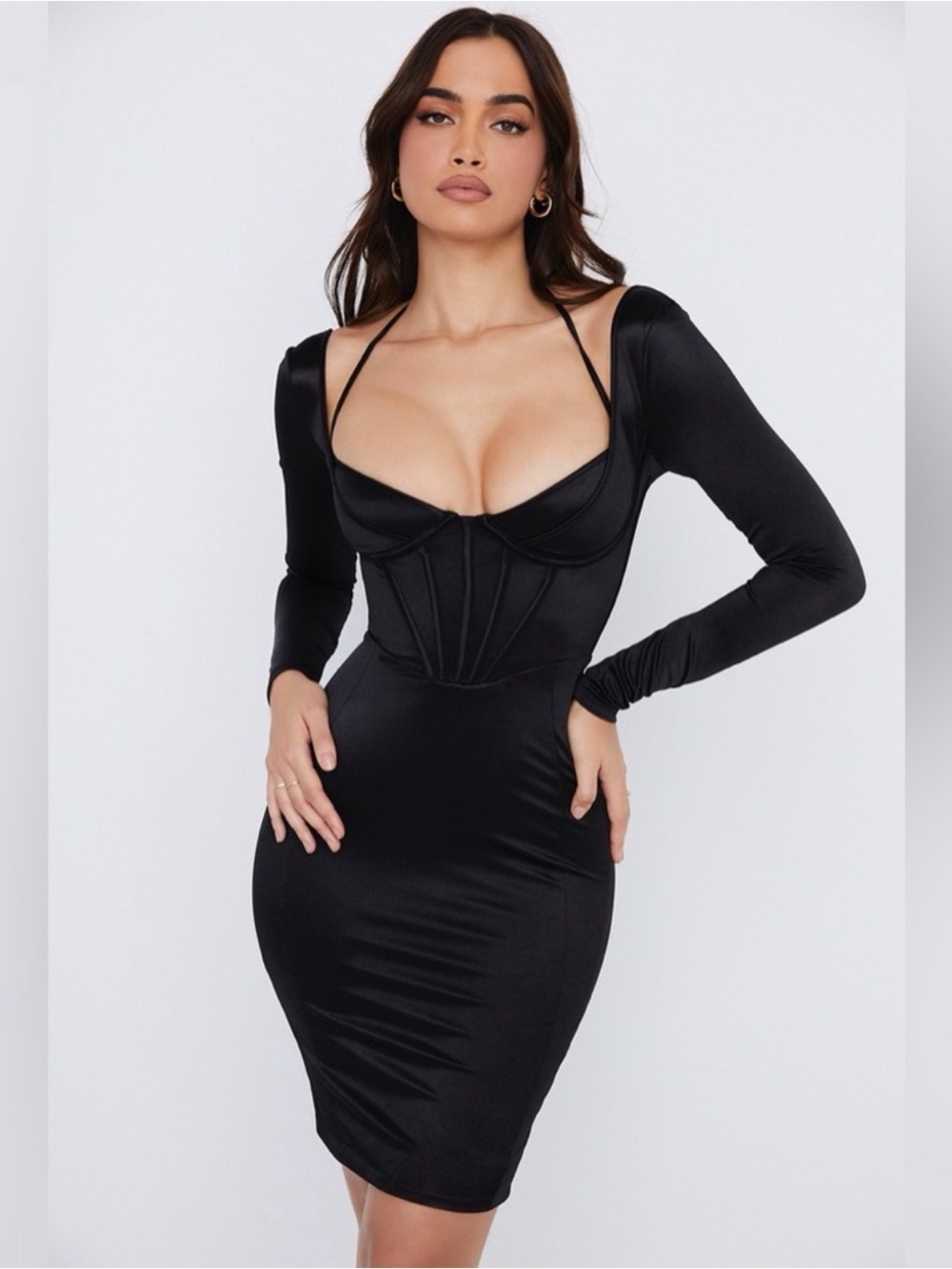 House of CB “Grazia” Black Long-Sleeve Corset Bodycon Dress - Medium
